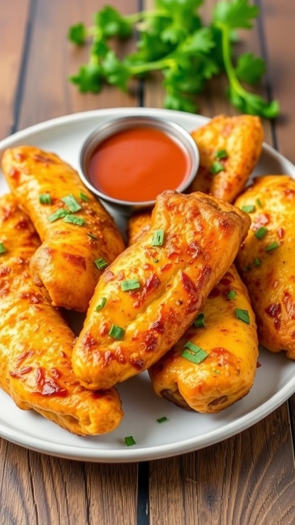 Quick Air Fryer Chicken Tenderloins Recipe Crispy air fryer chicken tenderloins on a plate with herbs and dipping sauce.
